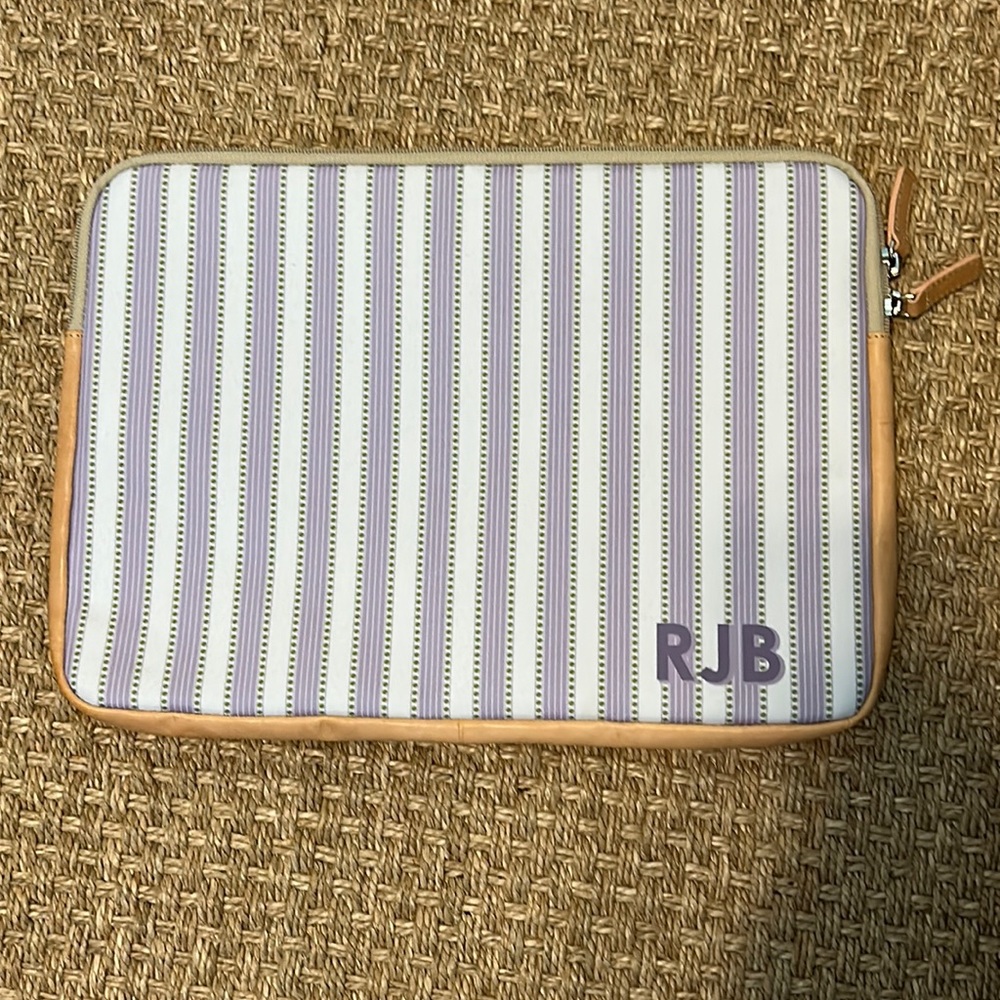 Barrington bags custom purple white laptop case RJB monogram NEW- leather trim